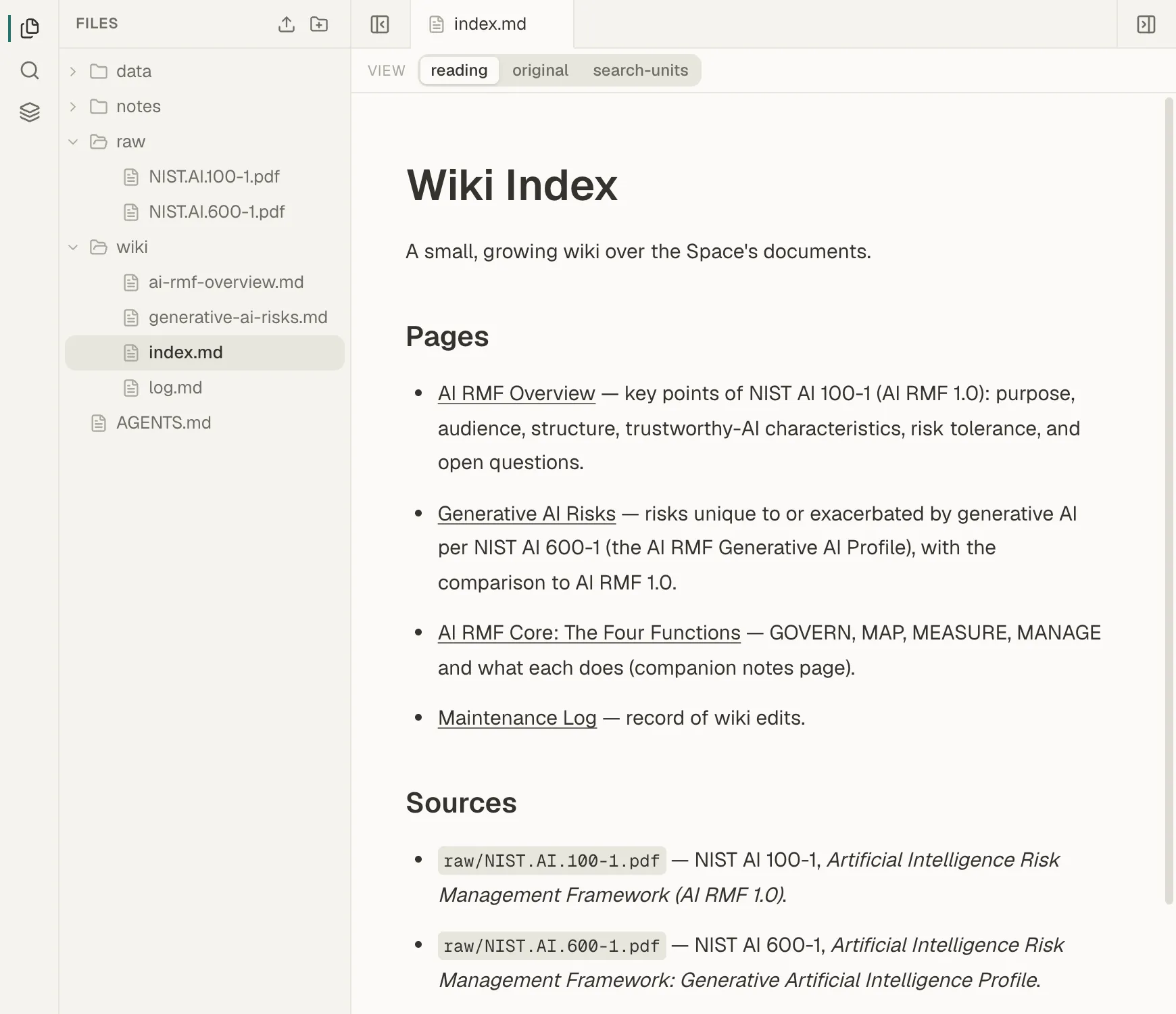 A Mempipe Space with AGENTS.md, a raw folder holding two PDFs, and a wiki folder holding an index, a log, and two topic pages. The wiki index is open, listing each page and its sources.